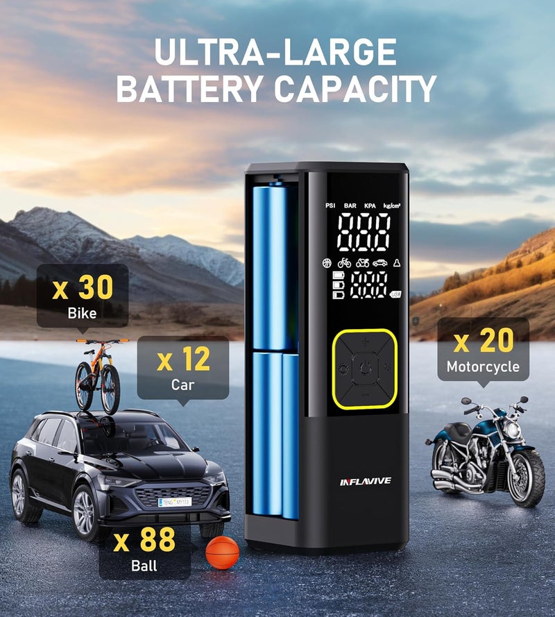 InflaVive Tire Inflator Portable Air Compressor, 150 PSI Cordless Air Pump for Car Tires with Digital Pressure Gauge, 3X Faster Tire Pump for Cars, Motorcycle, Bicycle, Balls with LED Light, Auto Shut-Off - Image 4